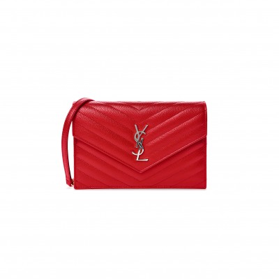 YSL CASSANDRE MATELASSÉ ENVELOPE CHAIN WALLET IN GRAIN DE POUDRE EMBOSSED LEATHER 695108406611 (19*12.5*3.5cm)